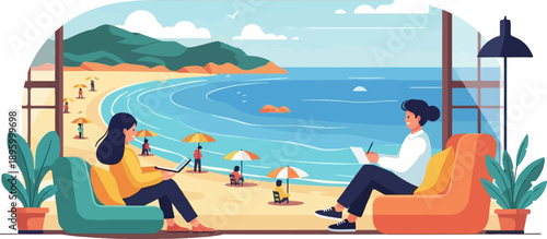 Two individuals relax indoors by a window, overlooking a beach and ocean scene