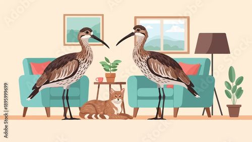 Two large birds stand in a living room beside a lounging cat and potted plants