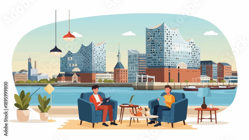 Two men relaxing in armchairs on a balcony overlooking a cityscape with buildings and boats