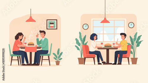 Two couples enjoy meals and drinks at separate tables in a cafe setting