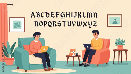 Two men sit in armchairs, each with a laptop, with a dog nearby