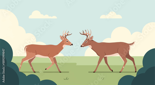 Two male deer facing each other on a grassy plain