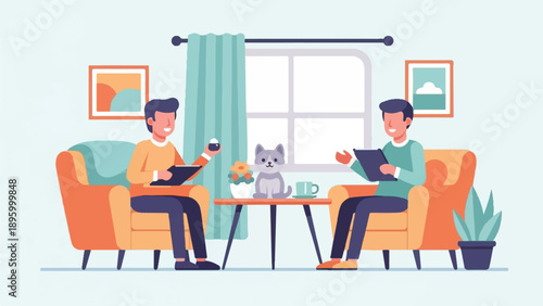 Two men sit on chairs, one holds a tablet, the other holds a cup, a cat sits nearby
