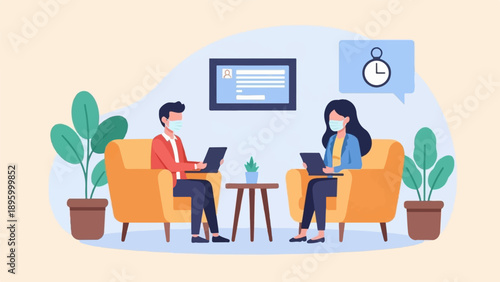 Two masked individuals sit in chairs, working on laptops, with plants