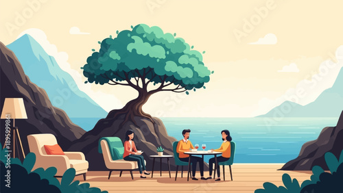 Two couples enjoy drinks and conversation at tables overlooking a calm sea