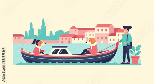 Two anthropomorphic dogs enjoy a gondola ride in a picturesque city
