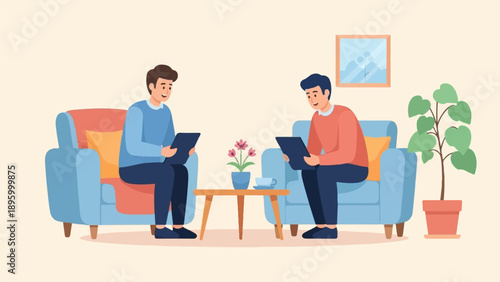 Two men sitting on couches, interacting with tablets, indoors