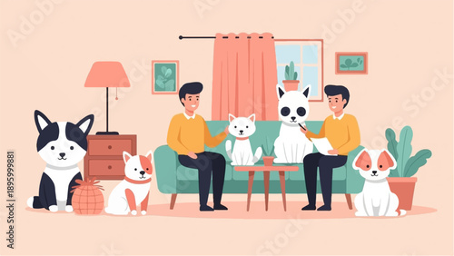 Two men with adorable dogs and cats relaxing in a cozy living room