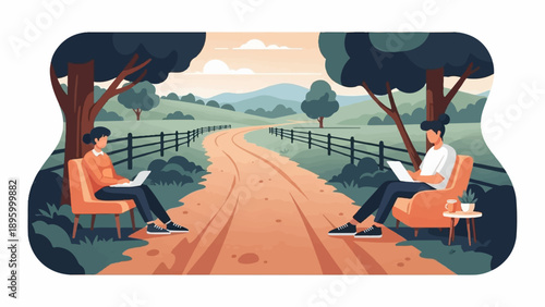 Two individuals relax on chairs, working on laptops beside a rural dirt road