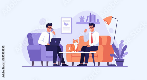 Two men in formal wear converse while working and relaxing at home