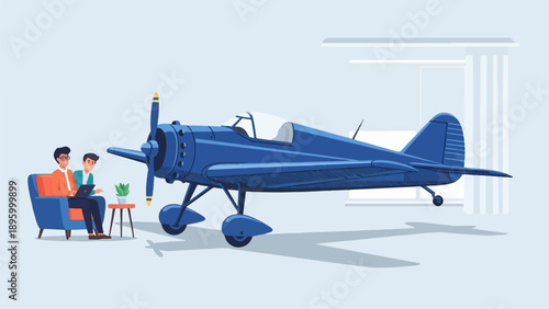 Two men with laptop beside a vintage blue airplane in a bright room