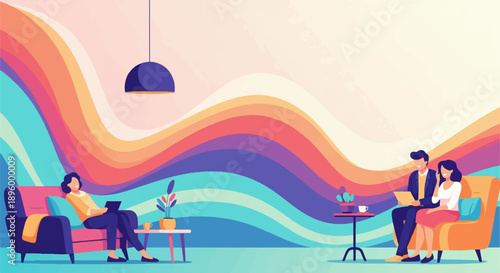 Two couples in a colorful living room, relaxing with laptops