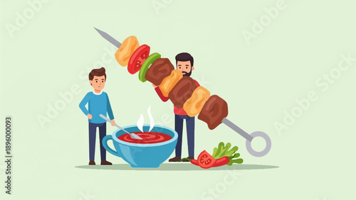 Two men preparing and holding a meat and vegetable kebab over sauce