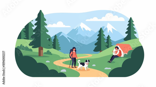 Two hikers and a dog in a mountain landscape with a tent