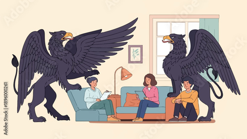 Two mythical griffins stand guard over a therapy session in a cozy room