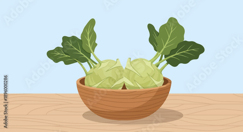Two green kohlrabi vegetables with leafy tops in a wooden bowl