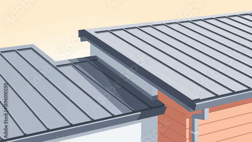 Two grey corrugated metal roofs meeting above a pale orange building