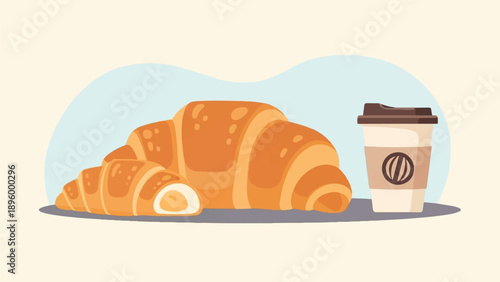 Two croissants and a cup of coffee on a light background