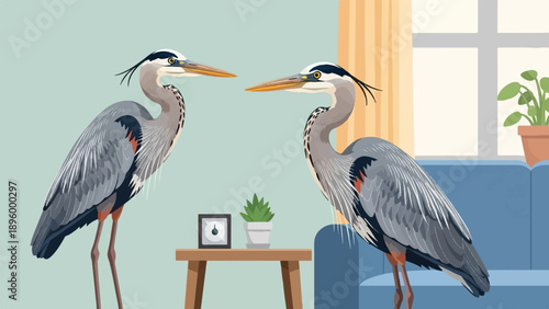 Two grey herons stand indoors beside a blue sofa and window