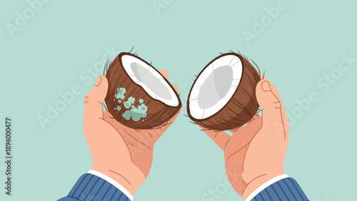 Two hands hold halves of a coconut, one showing mold