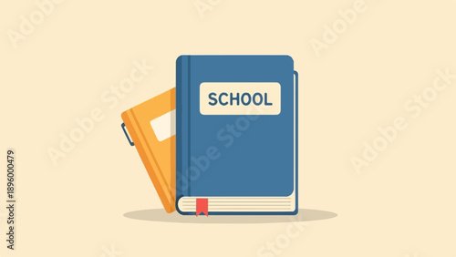 Two books, one blue with "SCHOOL" written on it, stand together