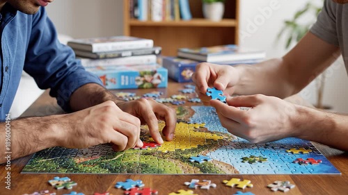 Wallpaper Mural Two people assembling a jigsaw puzzle at a wooden table, a fun and engaging indoor activity Torontodigital.ca