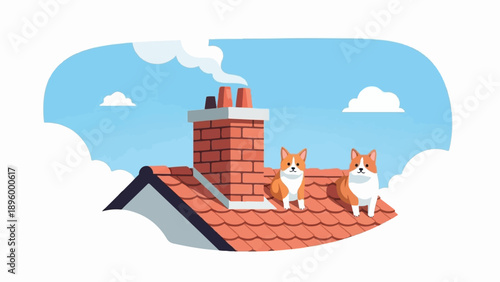 Two cute corgis on a tiled roof under a cloudy blue sky