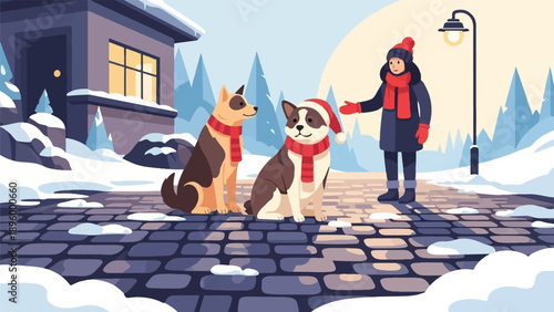 Two dogs in winter attire with a person on a snowy cobblestone path