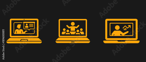 Three yellow laptop icons illustrating online education, virtual meetings, and data presentation on a black background.
