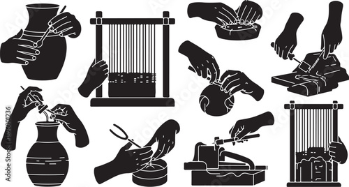 Hands Engaged in Various Creative and Crafting Activities Silhouette