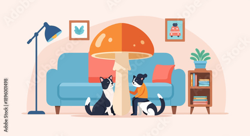 Two cats interact with a giant mushroom in a cozy living room