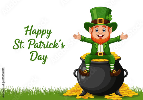 Happy st patricks day leprechaun on pot of gold