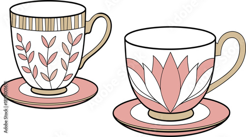 Beautifully designed porcelain coffee mugs with decorative lotus flower and foliage motifs on white background