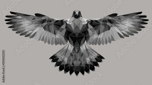 A geometric bird with outstretched wings in shades of gray against a neutral background