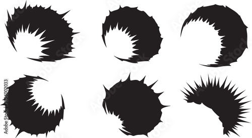 Collection of black spiky circular shapes on white background