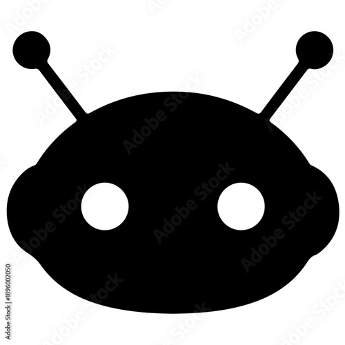Minimalist black alien robot head with antenna icon on a clean white background