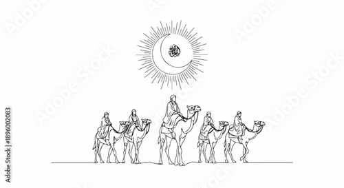 A line drawing of people riding camels under a sun with a stylized eye in a simple, monochromatic style.