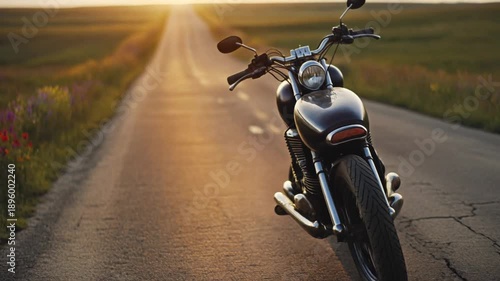Vintage motorcycle resting on a winding rural road at golden hour