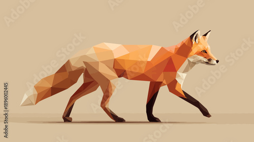 Low-poly illustration of a fox walking, rendered with geometric shapes and a warm color palette