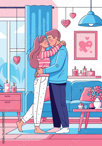 Young couple kissing passionately in modern home living room