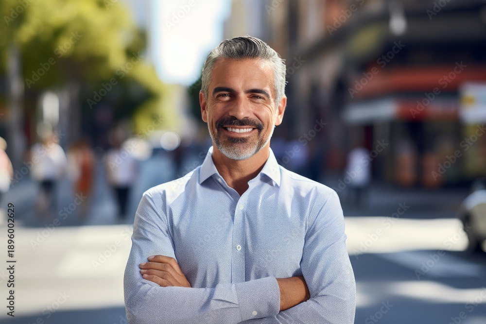 Obraz premium Portrait of a confident businessman smiling with arms crossed in a busy city center