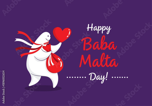 Happy baba malta day greeting with a character holding a heart and bag