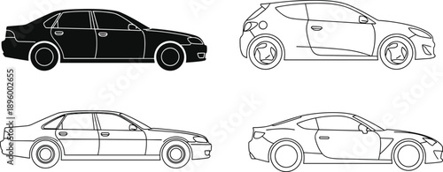 Car vector illustration set, sedan and hatchback silhouettes, vehicle side view outlines, modern automobile collection, black and white transport icons, isolated background