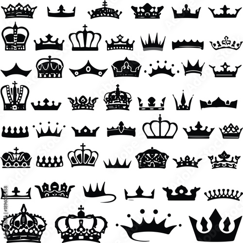 Flat vector silhouette collection of 50 unique crown icons in black style for royalty, heraldry, luxury, fashion, and regal design themes