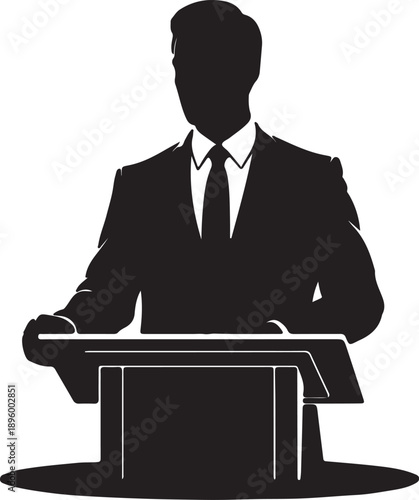 Businessman giving speech at podium silhouette isolated on white background
