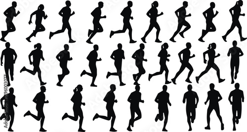 Flat vector silhouette of people running in various motion poses, dynamic human movement for sports, animation, fitness, and biomechanics design
