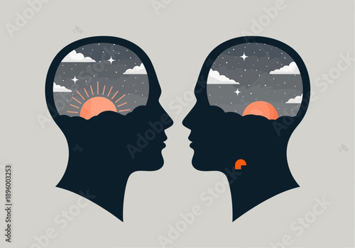 Duality of mind day and night contrast in human silhouettes