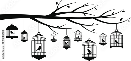 Flat vector silhouette of tree branch with hanging birdcages and birds, artistic nature design for freedom, confinement, and decoration themes