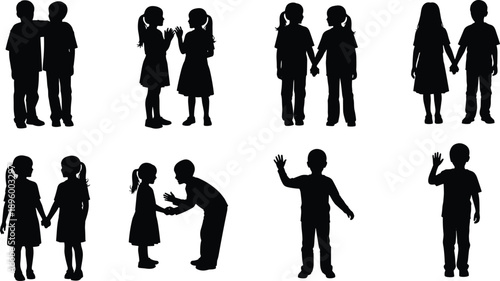 Children silhouettes set, kids standing and holding hands, boys and girls vector, child interaction poses, black silhouette illustration, isolated white background