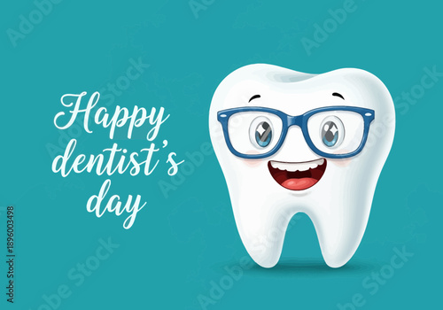 Cartoon tooth wearing glasses smiling for happy dentists day